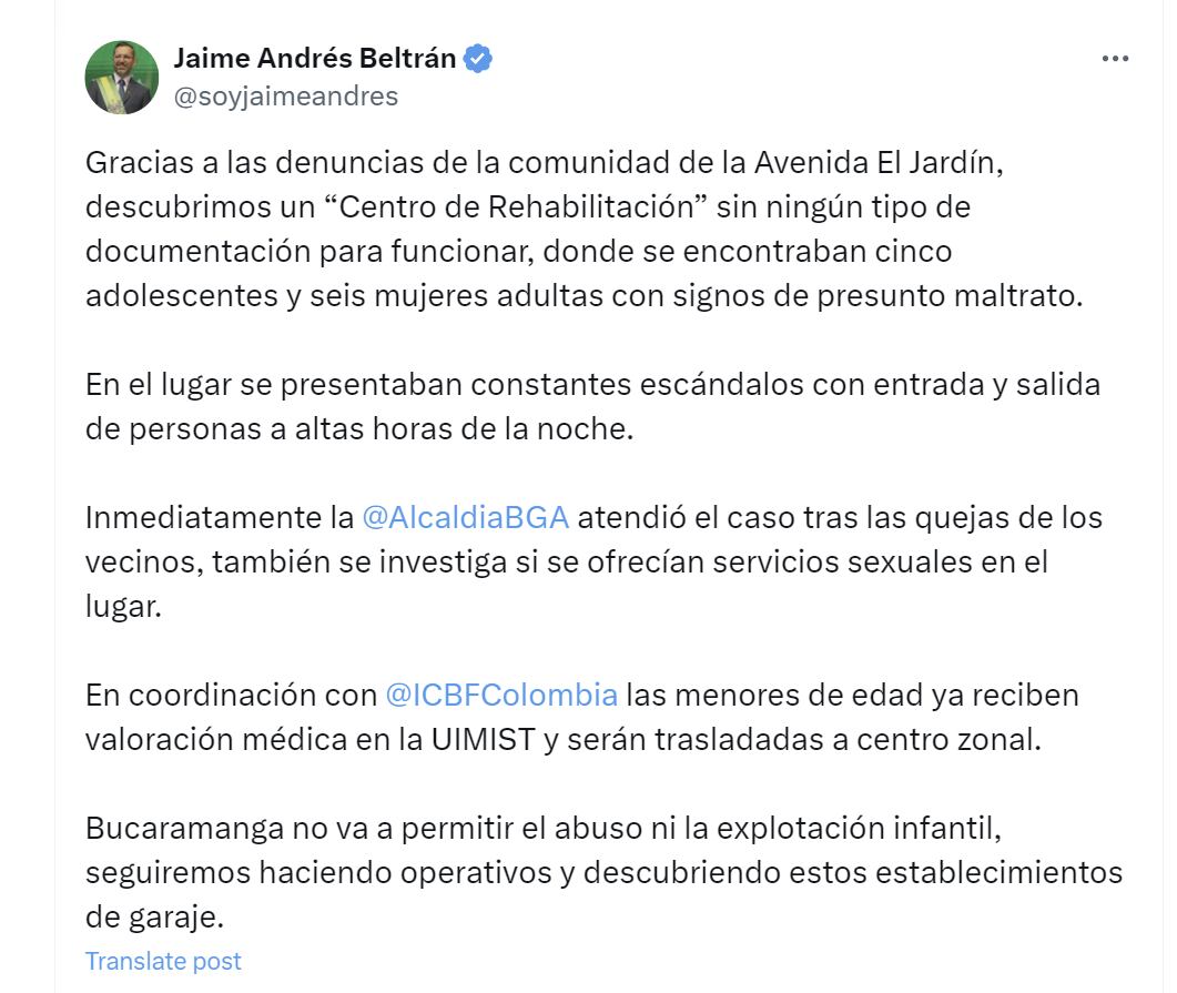 El alcalde de Bucaramanga, Jaime Andrés Beltrán, informó que las menores de edad encontradas en el centro de rehabilitación recibieron valoración médica - crédito @soyjaimeandres/X