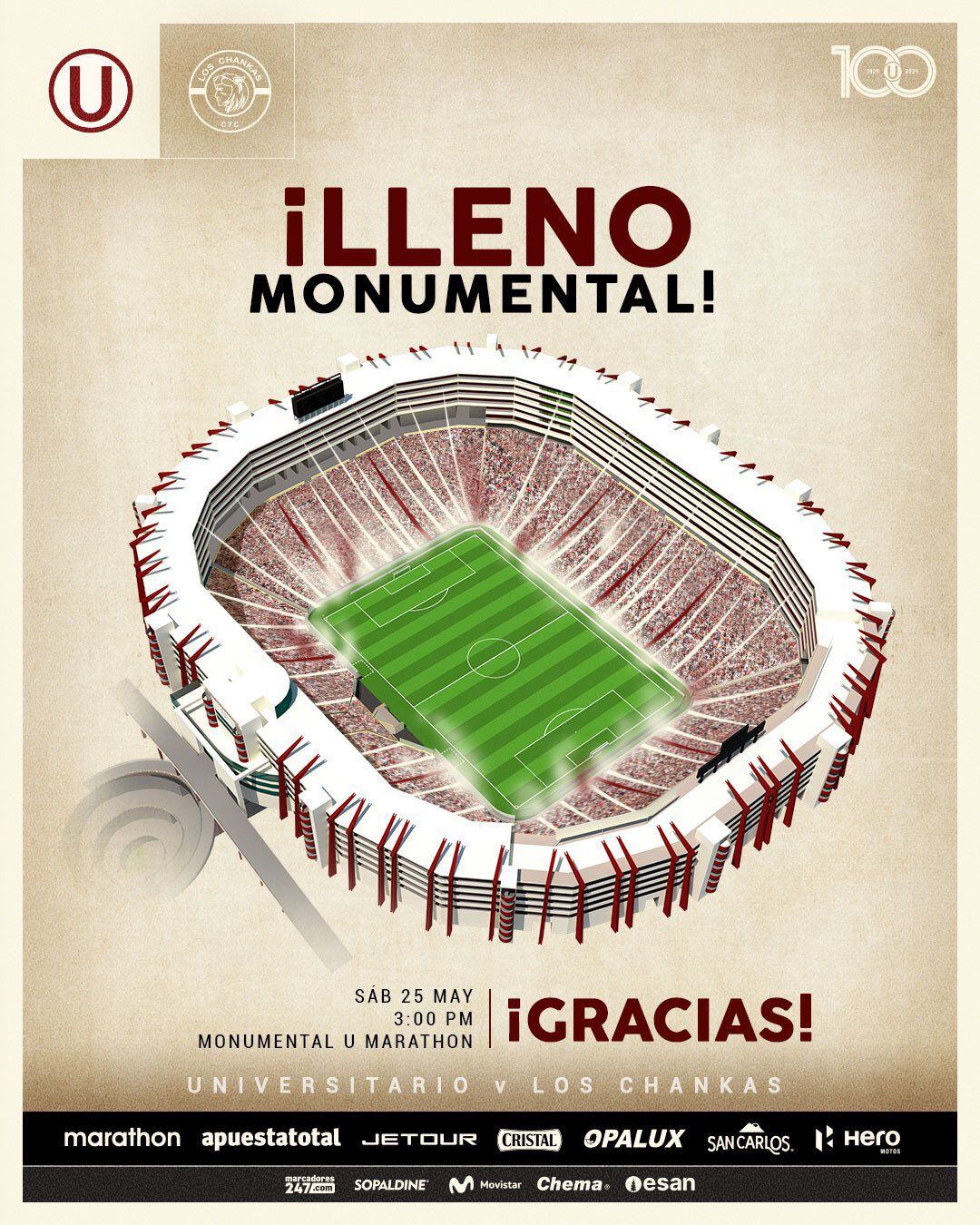 Universitario vs Los Chankas se jugará con el estadio Monumental de Ate repleto. Más de 55 mil asistentes.