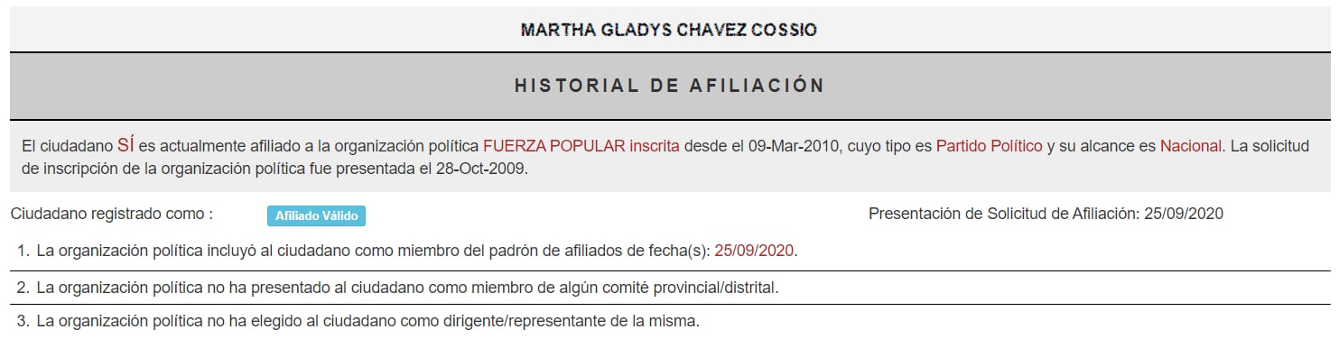 Martha Chávez figura como militante de Fuerza Popular y aun así fue beneficiada con pagos por asesoría. ROP