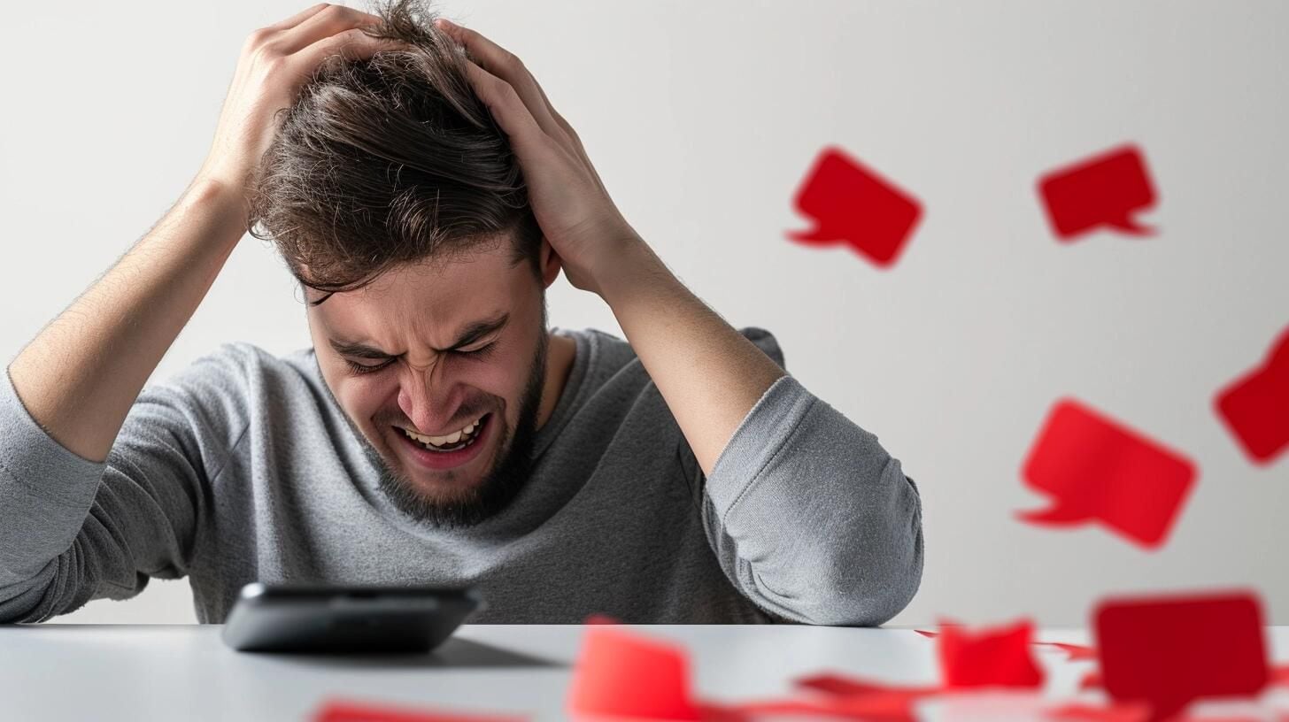 Joven mirando su smartphone con una expresión de estrés y preocupación, rodeado por íconos de notificaciones, mensajes y 'likes' de redes sociales como Instagram. La fotografía captura el impacto de la constante conectividad online en la salud mental y la ansiedad en la era digital. (Imagen ilustrativa Infobae)