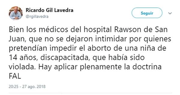 El ex ministro de Justicia y DD.HH. de la Nación (1999-2000), Ricardo Gil Lavedra, felicitó a los médicos en Twitter