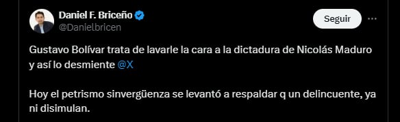 Daniel Briceño aseguró que el petrismo defiende a un “delincuente” - crédito @Danielbricen/X