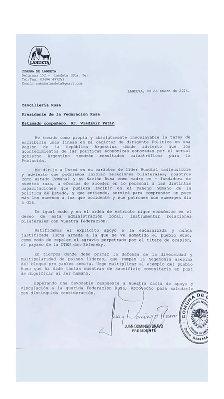 Un presidente comunal santafesino le envió una carta a Putin para