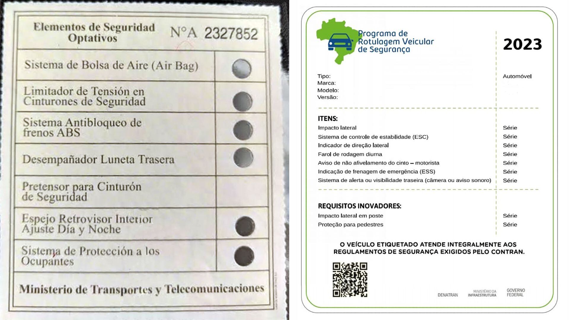 Actualmente existe un programa de etiquetado vehicular en Chile, Brasil, Colombia y Ecuador, pero ninguno de ellos informa una calificación, sino solamente el equipamiento de un modelo