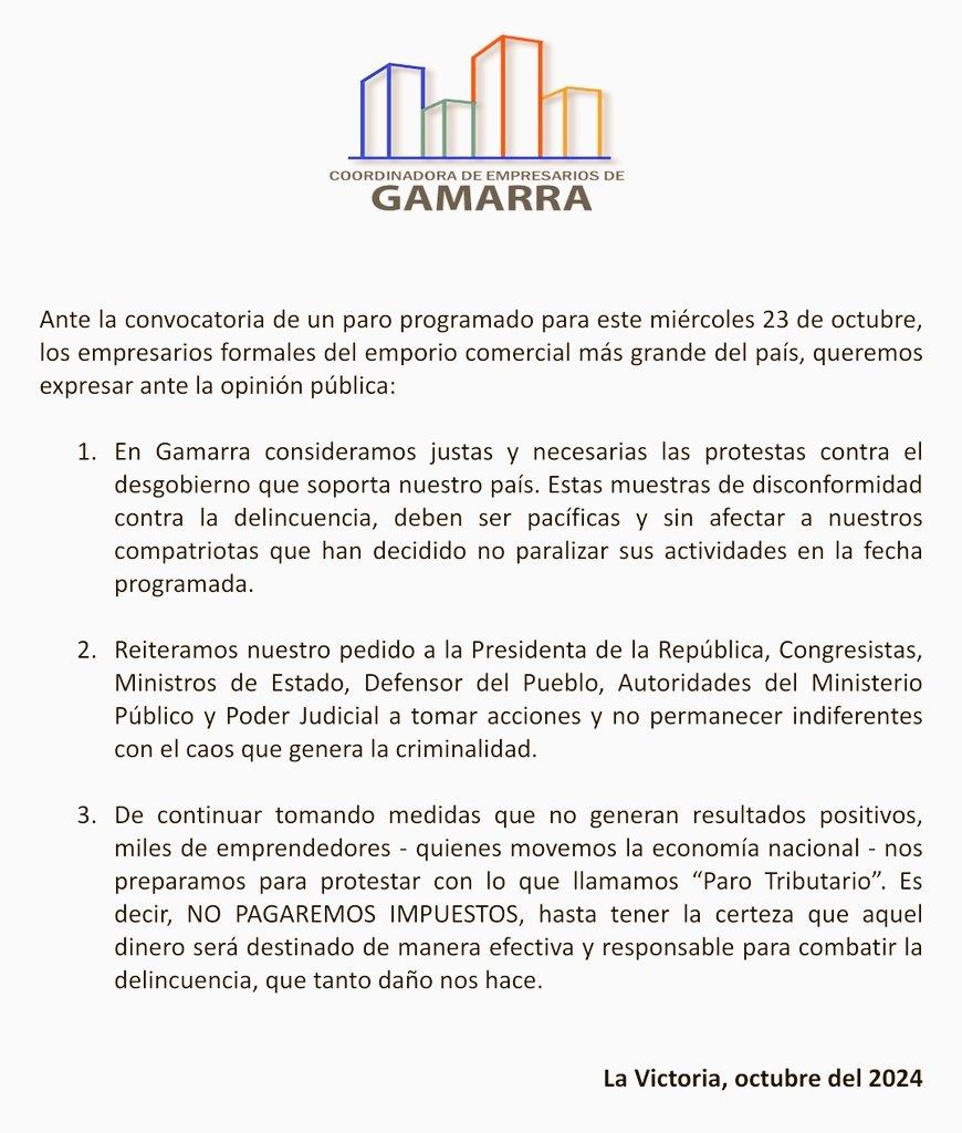 Comunicado completo de la Coordinadora de Empresarios de Gamarra. Foto: X