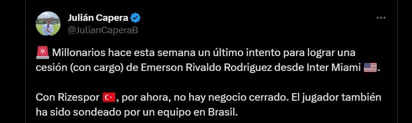 Millonarios haría un último intento para contratar a Emerson Rodríguez, del Inter Miami - crédito @JulianCaperaB/X