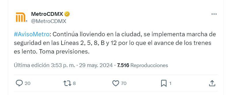 Servicio hoy Metro CDMX 29 mayo