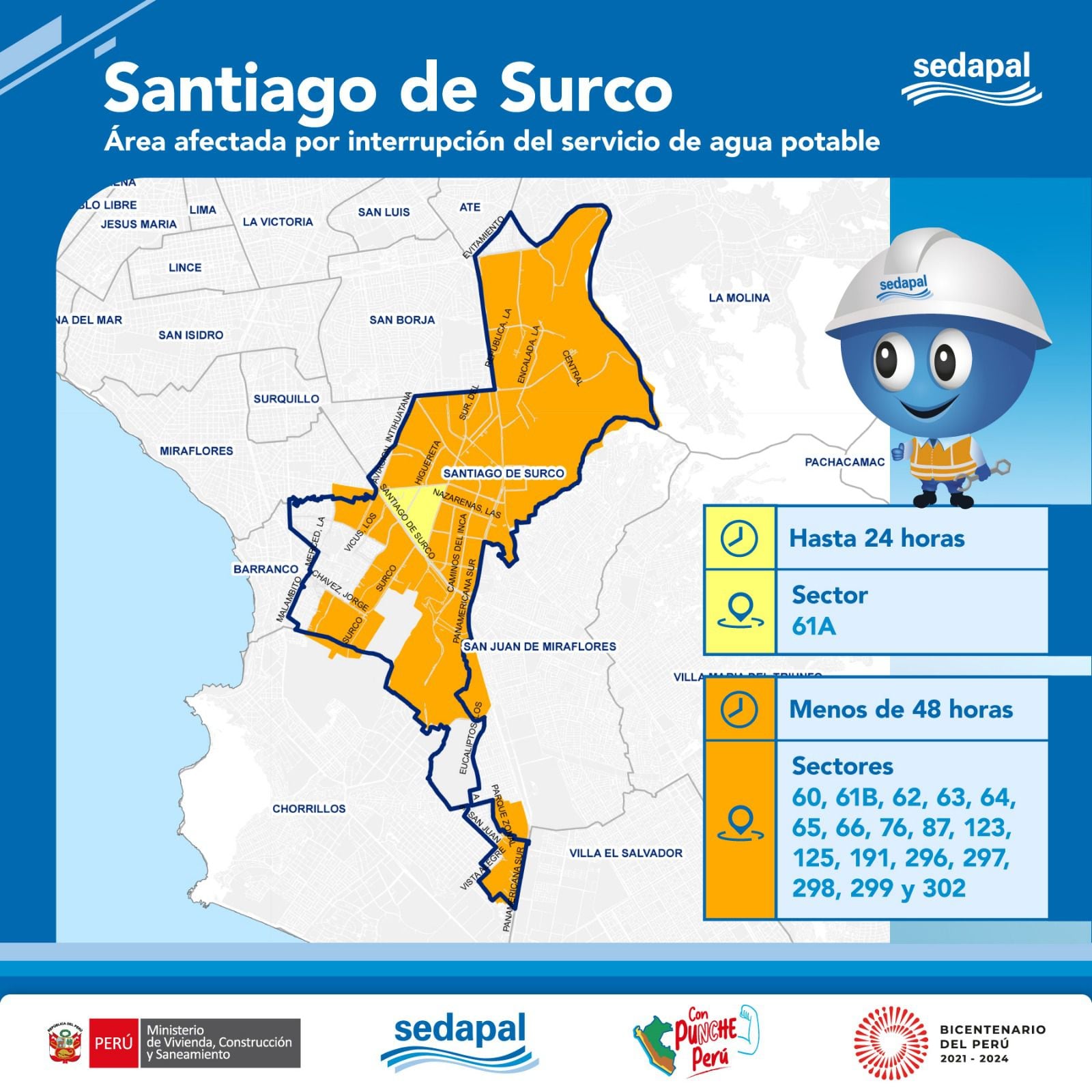 Mapa de las zonas que serán afectadas por el corte de agua en Santiago de Surco y horarios en que se suspenderá el servicio | Crédito: Sedapal.