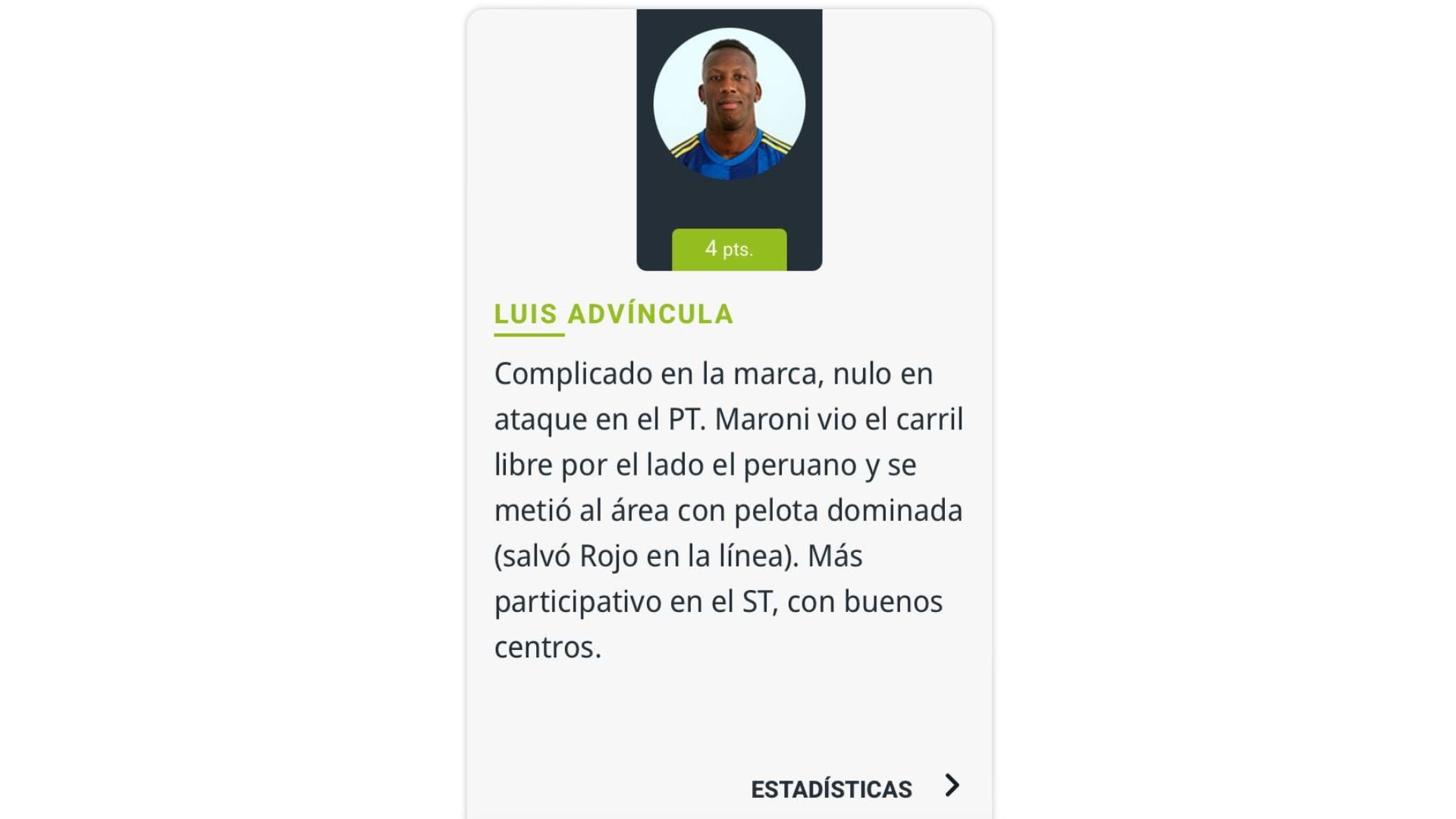 Luis Advíncula recibió 4 puntos por su rendimiento con Boca Juniors en la derrota ante Tigre.