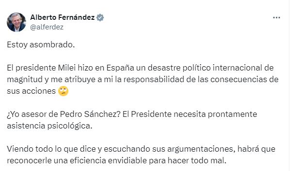 La respuesta de Alberto Fernández a las acusaciones de Javier Milei: “Necesita prontamente asistencia psicológica”