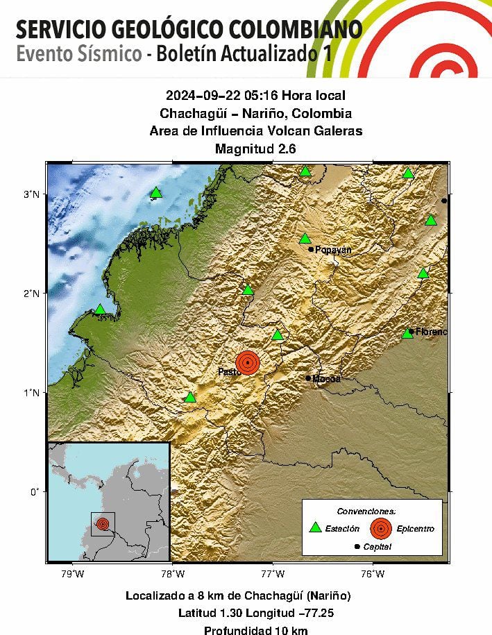 Evento Sísmico - Boletín Actualizado 1, 2024-09-22, 05:16 hora local Magnitud 2.6, Profundidad 10 km, Chachagüí - Nariño, Colombia - Crédito Servicio Geológico Colombiano