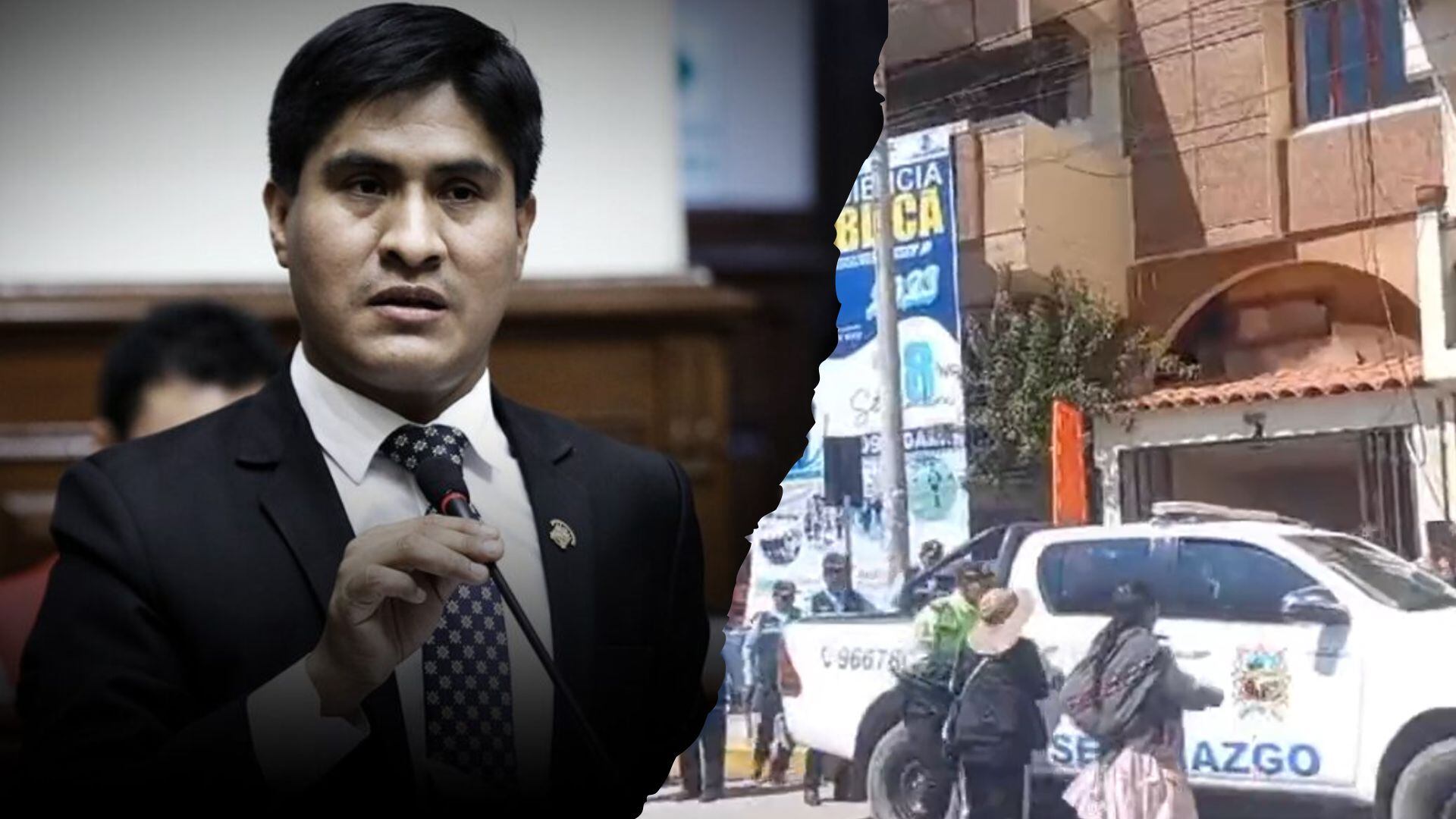 Pobladores de Huancavelica se mostraron sumamente molestos con la presencia del congresista Wilson Soto, de Acción Popular, y corrieron detrás de la patrulla de serenazgo que abordó raudamente. (Composición: Infobae Perú)