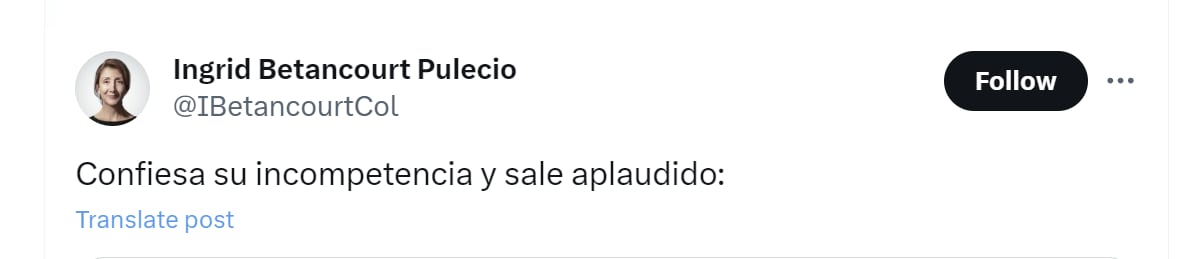 Ingrid Betancourt Pulecio cuestionó a Petro por reconocer que no ha invertido en el acueducto de Quibdó - crédito @IBetancourtCol/X