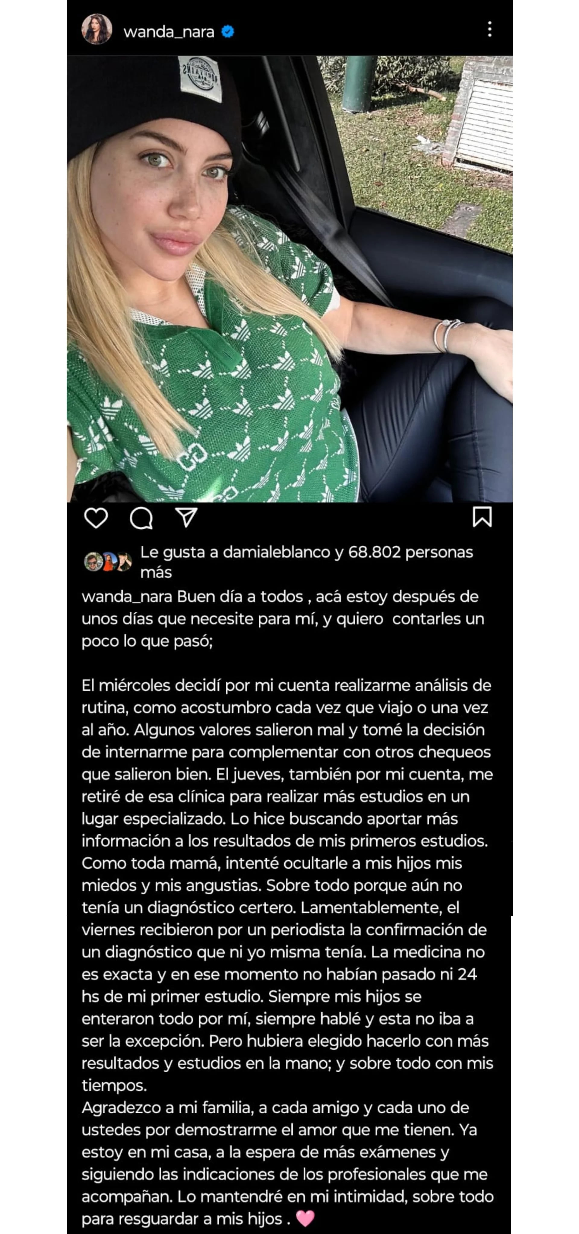 La carta abierta que Wanda escribió en su cuenta de Instagram