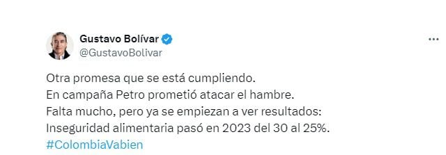 Trino de Bolívar sobre la inseguridad alimentaria. (@GustavoBolivar / X)