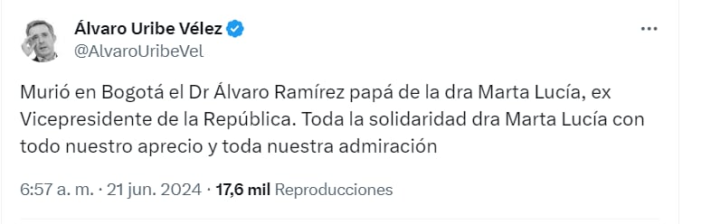 El expresidente le envió sus condolencias a través de X - crédito @AlvaroUribeVel