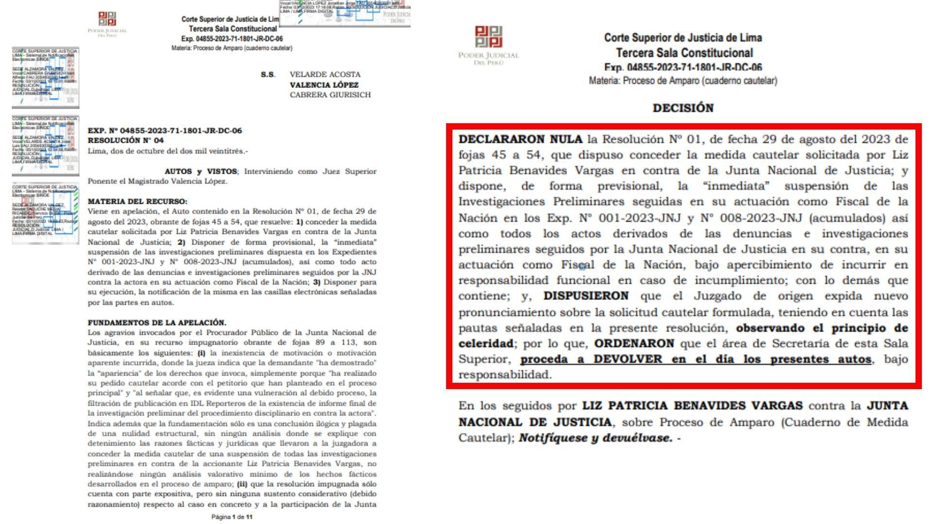 Resolución que deja sin efecto el anterior pronunciamiento a favor de la medida cautelar presentada por Benavides. | Corte Superior de Justicia