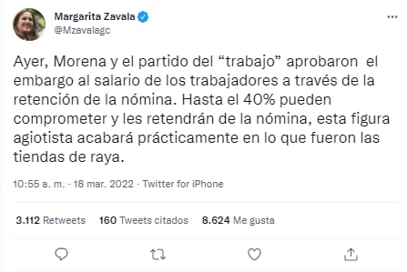 Margarita Zavala a condamné l'initiative qui autorise les banques à collecter des crédits sur les salaires des travailleurs