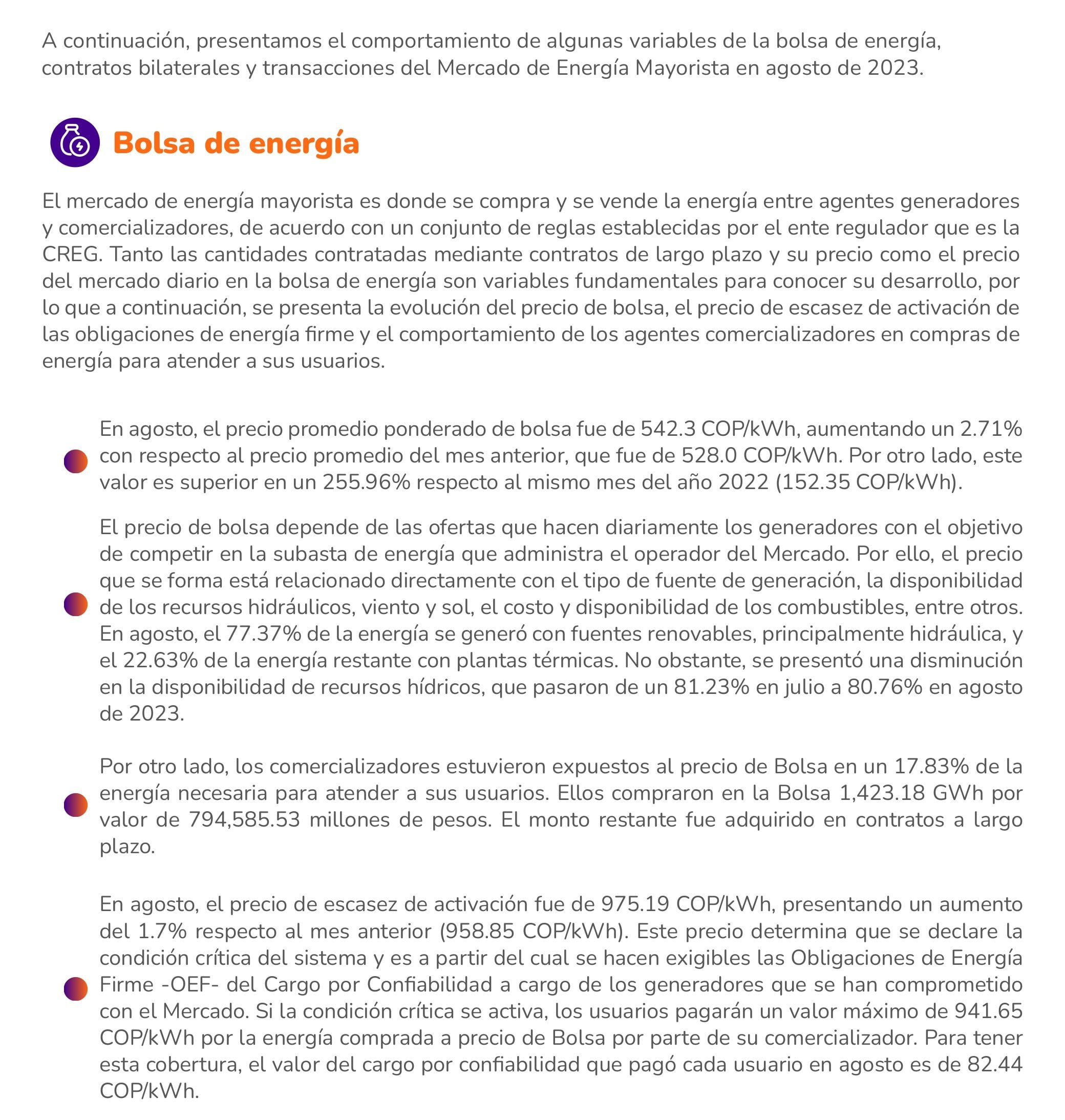 Parte del informe de la empresa XM sobre el precio de la energía en bolsa - crédito XM