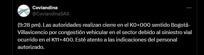 Cierre en el kilómetro 0 de la vía al Llano desde Bogotá - crédito @CoviandinaSAS/X