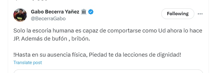 Gabo Becerra respondió a JP Hernández por polémica declaración sobre la muerte de Piedad Córdoba - crédito @BecerraGabo/X