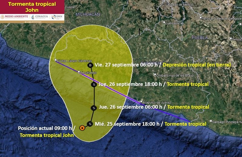 Posible trayectoria de la Tormenta Tropical John. (SMN/Conagua)