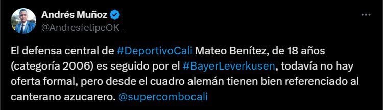 Mateo Benítez, defensor del Deportivo Cali, estaría en la mira del Bayer Leverkusen - crédito @AndresfelipeOK_/X
