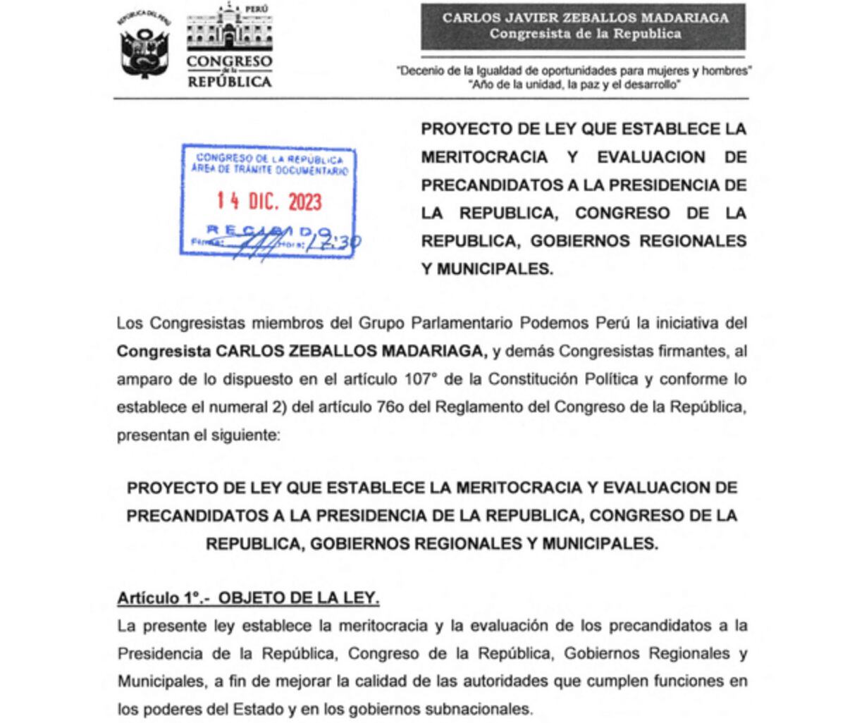 Proyecto de ley presentado por congresista de Podemos Perú.