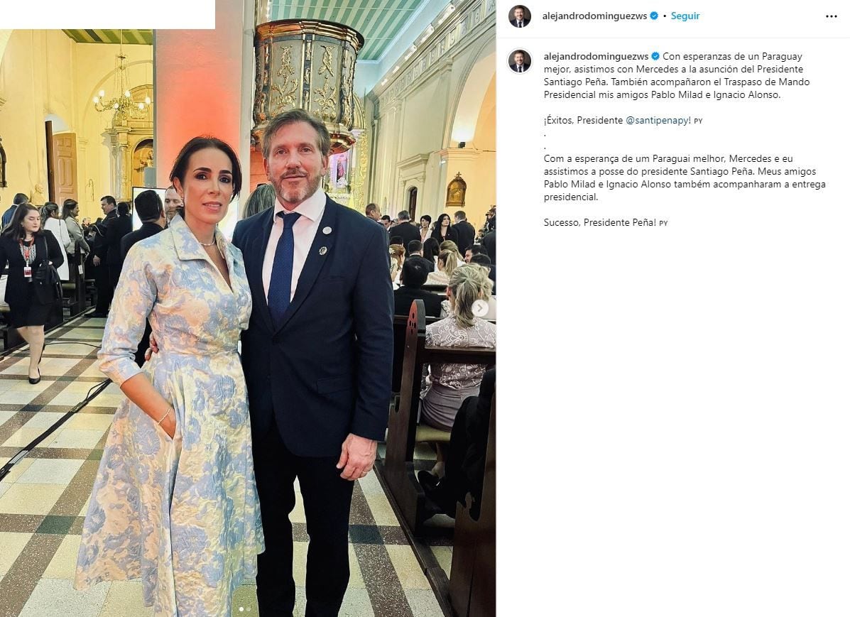 El presidente de la conmebol, Alejandro Domínguez, acompañado por su esposa, María Mercedes Pérez, quien se mostró muy elegante ante las cámaras (Instagram)
