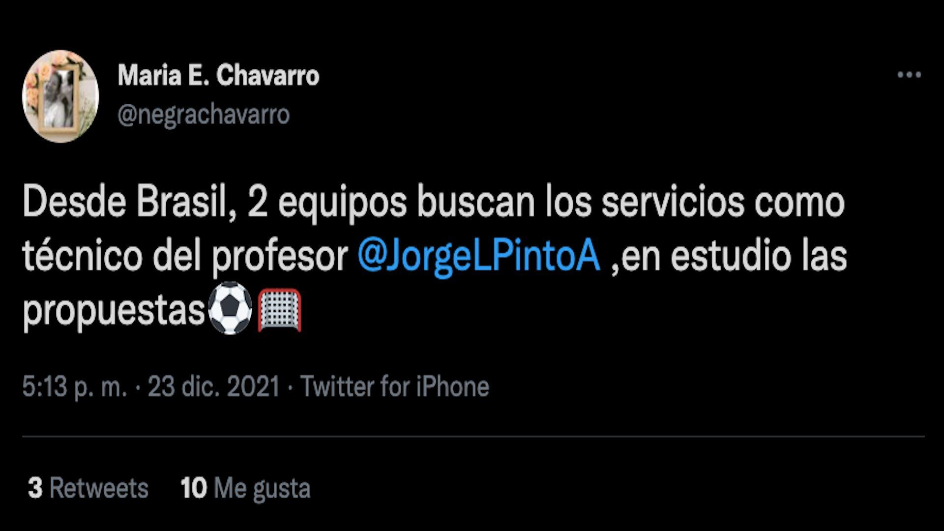 Propuestas laborales para Jorge Luis Pinto provendrían del fútbol brasileño / (Twitter: @negrachavarro)