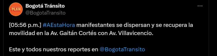 Autoridades confirmaron que se recuperó la movilidad en la zona - crédito @BogotaTransito/X