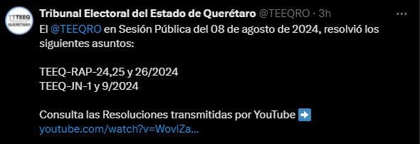 El TEEQ comunicó su resolución en redes sociales (X/@TEEQRO)