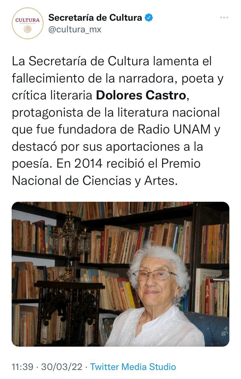 Dichiarazione del Ministero della Cultura sulla morte di Dolores Castro