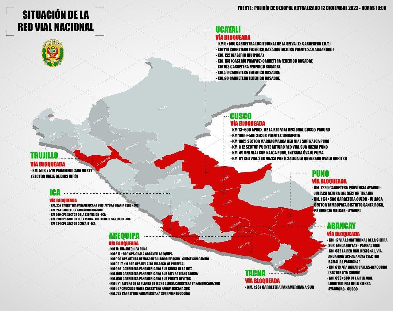 Mapa de carreteras bloqueadas en Perú