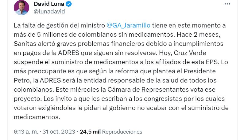 David Luna apunta a ministro de Salud por el anuncio de Cruz Verde - crédito @lunadavid/cuenta X