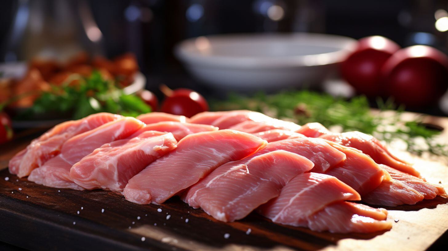 Imagen detallada de pollo crudo situado en una tabla de cortar de madera, enfatizando su papel como ingrediente fundamental en la cocina y su contribución a una alimentación rica en proteínas. El enfoque en la carne cruda resalta la preparación inicial antes de cocinar, esencial para platos nutritivos y saludables. (Imagen ilustrativa Infobae)