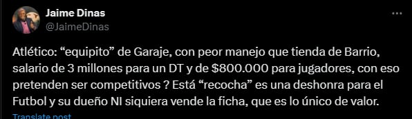 Así se refirió el periodista sobre la situación de suspensión que se presentó en Real Cartagena vs. Atlético y dio detalles sobre el sueldo tanto de jugadores como de director técnico-crédito @JaimeDinas/X