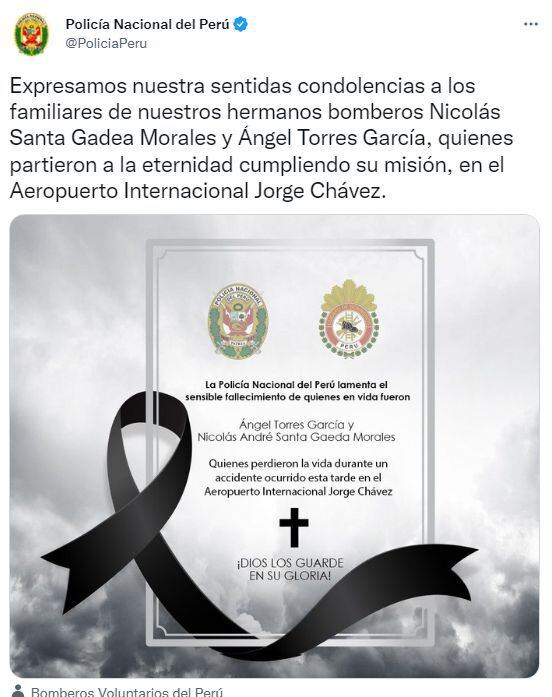 Policía Nacional de Perú expresa sus condolencias a los familiares de los bomberos fallecidos en el aeropuerto Jorge Chávez