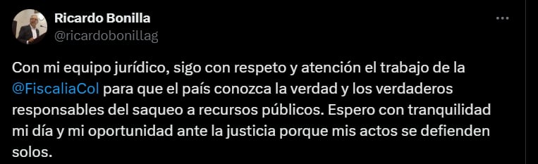 Ricardo Bonilla se pronunció al ser vinculado por la Fiscalía General de la Nación en el caso de la Ungrd - crédito @ricardobonillag/X