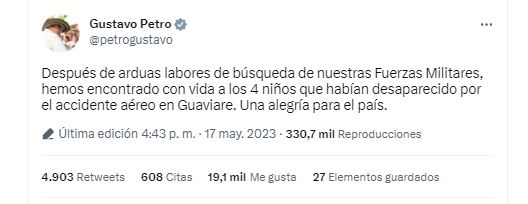 El presidente de la República confirmó el rescate de los cuatro menores que sobrevivieron al accidente en Guaviare. Twitter (@petrogustavo)