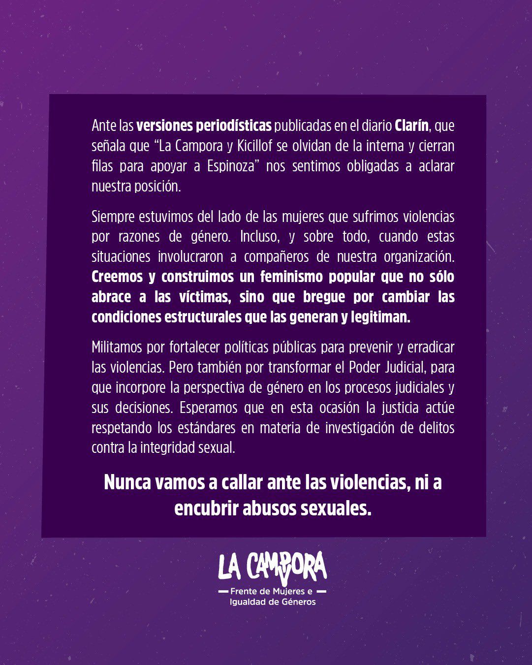 comunicado de La Cámpora sobre la causa por abuso contra Fernando Espinoza