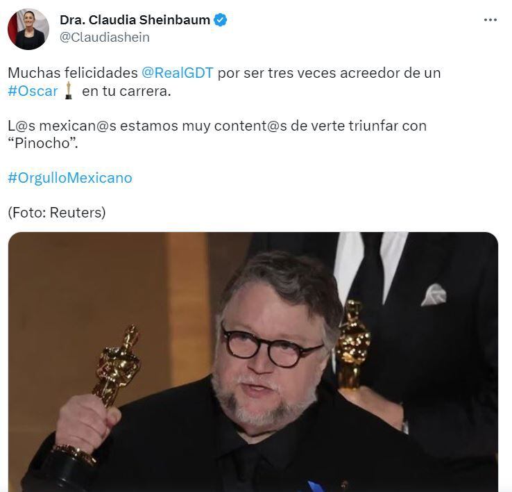 Así fue la felicitación de  Claudia Sheinbaum Pardo a Guillermo del Toro (Foto: Twitter)