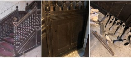 Debajo de esta escalera construida en el siglo XVIII se encontraron zapatos abandonados, sombrero y huesos, aparentemente animales, cuyo motivo era ahuyentar a brujas y demonios Foto: (Instagram plaus.uchaf) 