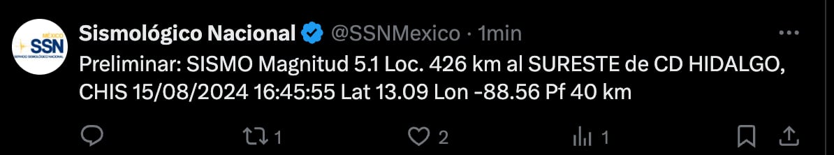 Se registró sismo de 5.1 en Chiapas (X/@SSNMexico)