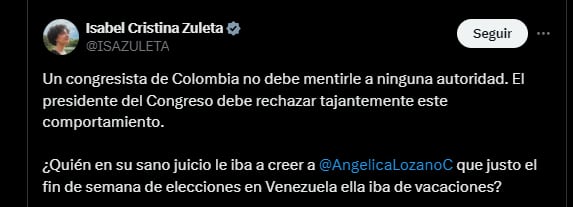 Isabel Zuleta puso en duda las razones por las cuales Angélica Lozano habría viajado a Venezuela - crédito @ISAZULETA/X