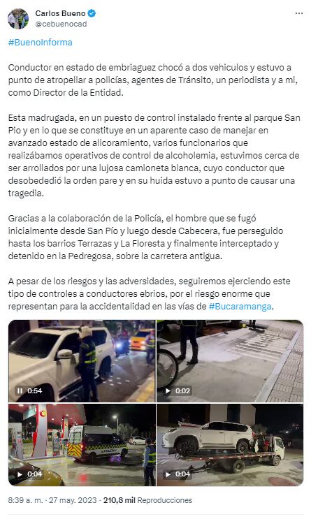 Conductor ebrio intentó evadir a las autoridades, por poco atropella a los agentes de Policía - crédito carlosbuenocad