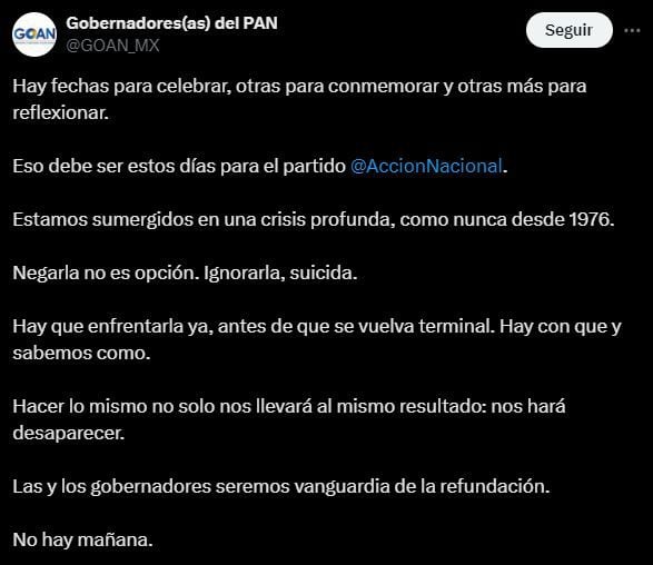 Los gobernadores del PAN se manifestaron en redes sociales (X/@GOAN_MX)