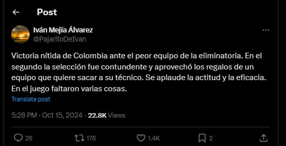 El ex comentarista, como es costumbre, analizó el partido del equipo de Néstor Lorenzo ante Chile - crédito @pajaritodeivan / X