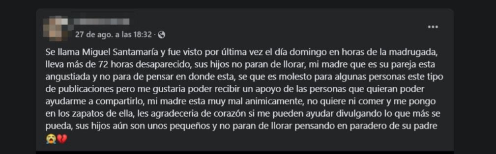 Este fue uno de los mensajes que compartió uno de los familiares de Miguel Alejandro, quienes solo esperan que las pesquisas de las autoridades den con la detención de los responsables que le quitaron la vida de una forma tan atroz al hombre de 38 años - crédito Facebook