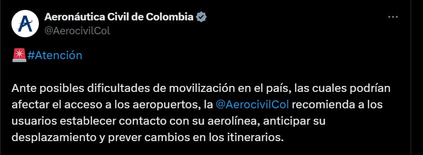 Aeronáutica Civil alerta a viajeros durante paro de transportadores - crédito @AerocivilCol/X